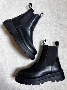 Black Faux Leather Chunky Chelsea Boots Size 40